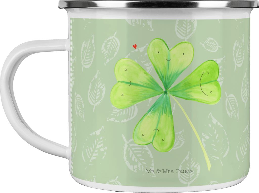 Mr. & Mrs. Panda Emaille Tasse Blume Kleeblatt - Blattgrün - Geschenk, Reisebecher, Motivation, Glücksbringer, Neuanfang, Umzug, Pott, emaillebec...