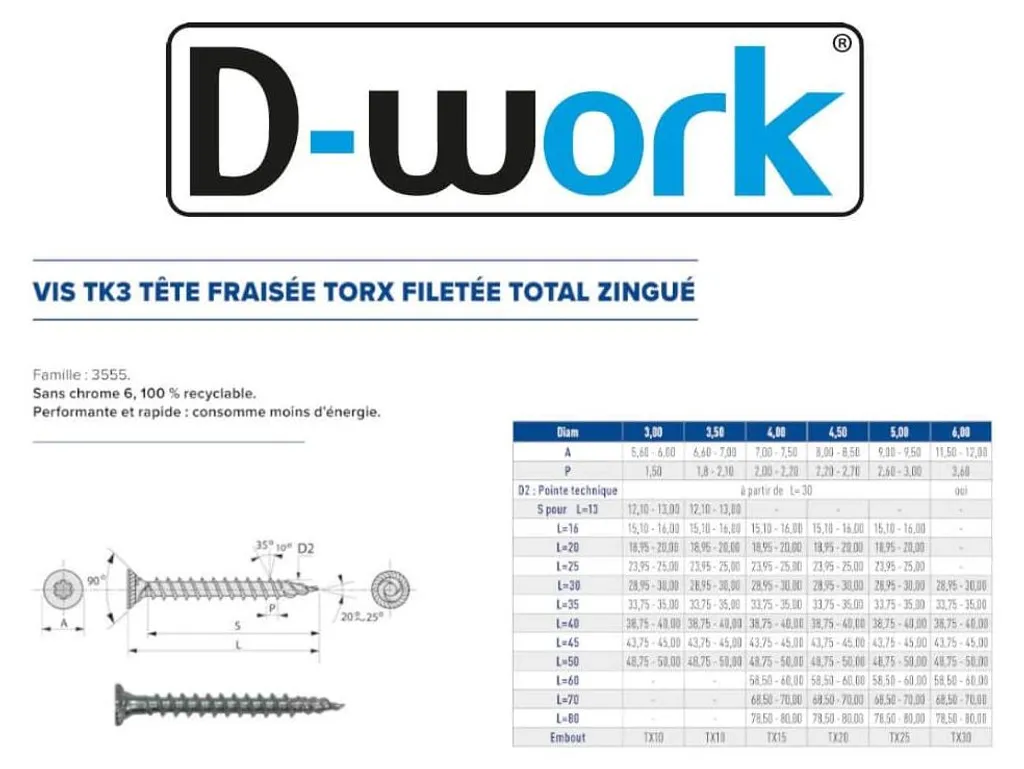 500 Vis à bois TK3 4x30 mm D-Work tête fraisée torx en acier zingué blanc