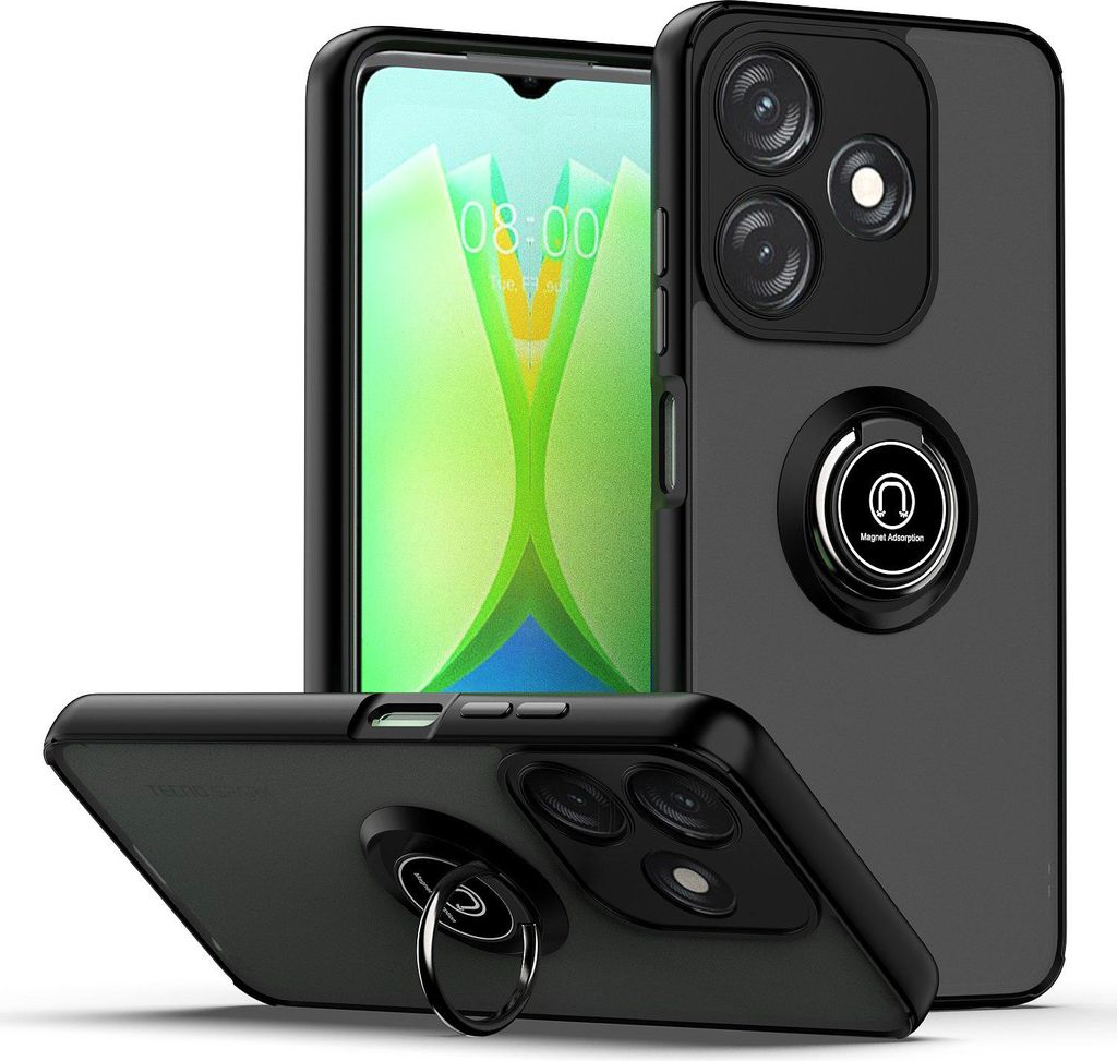 Hülle für Tecno Spark 10C Matte Transluzent TPU Stoßfest Schutzhülle mit Ring Halter Ständer Schwarz