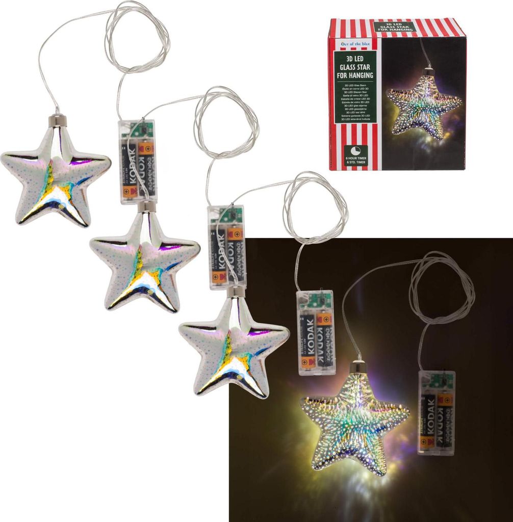 4x 3D LED Glas Stern mit Timer Batteriebetrieben, Weihnachtsbeleuchtung