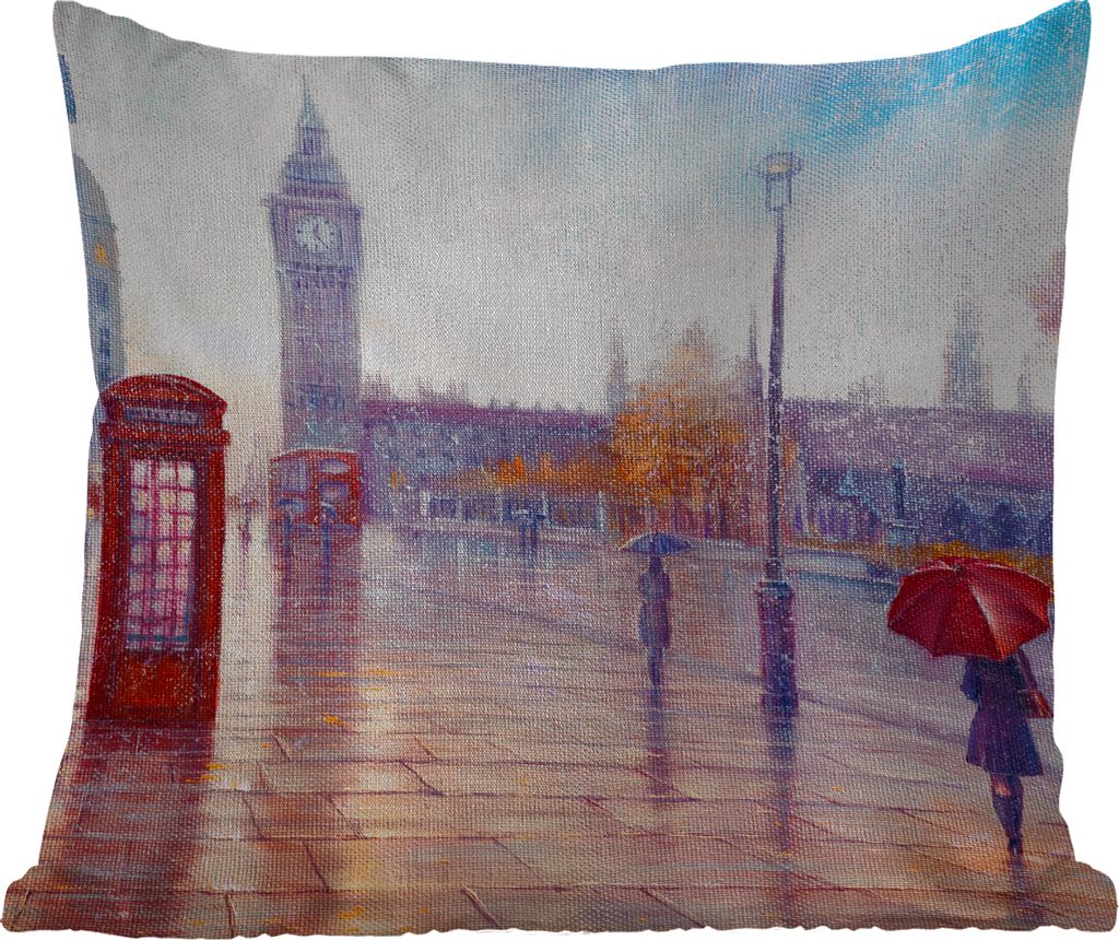 MuchoWow Outdoor Kissen - Malerei - Ölgemälde - London - Telefon - 40x40 cm - Wetterfest - Lounge Kissen - Kopfkissen - Interieur - Polster mit...