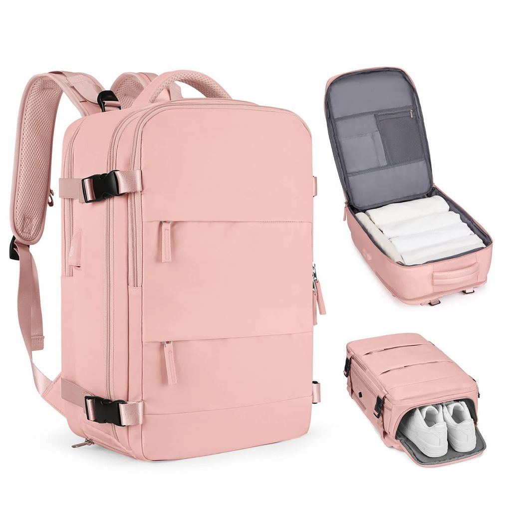 Großer Reiserucksack, wasserdichter Anti-Diebstahl-Laptoprucksack, mit USB-Anschluss, Schuhfach, Horizontaler Reißverschluss, Rosa