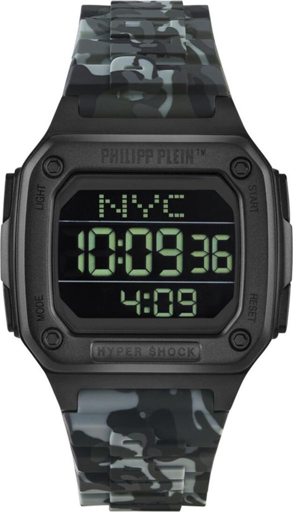 A digital watch with a camouflage strap.