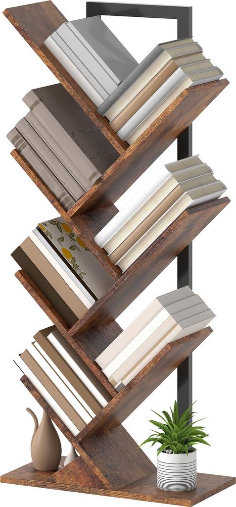 Bücherregal Standregal mit 7 Ebenen Schmal Regal im Baumform für Büro, Rustikal Braun