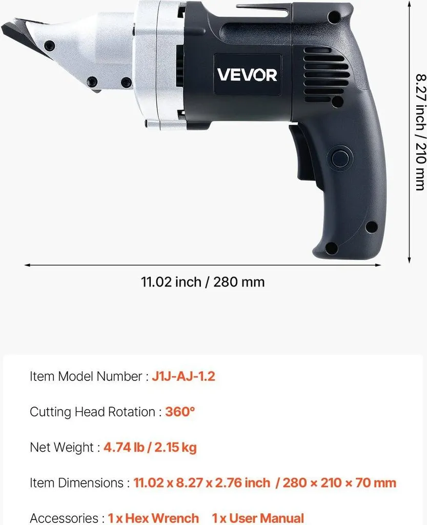 Cesoia elettrica per metalli, taglierina per lamiere con cavo da 4,0 A con testa girevole a 360 gradi, velocità variabile, taglio continuo, taglio netto per acciaio zincato da 1,22 mm, acciaio inossidabile da 1 mm, 2500 SPM - 7