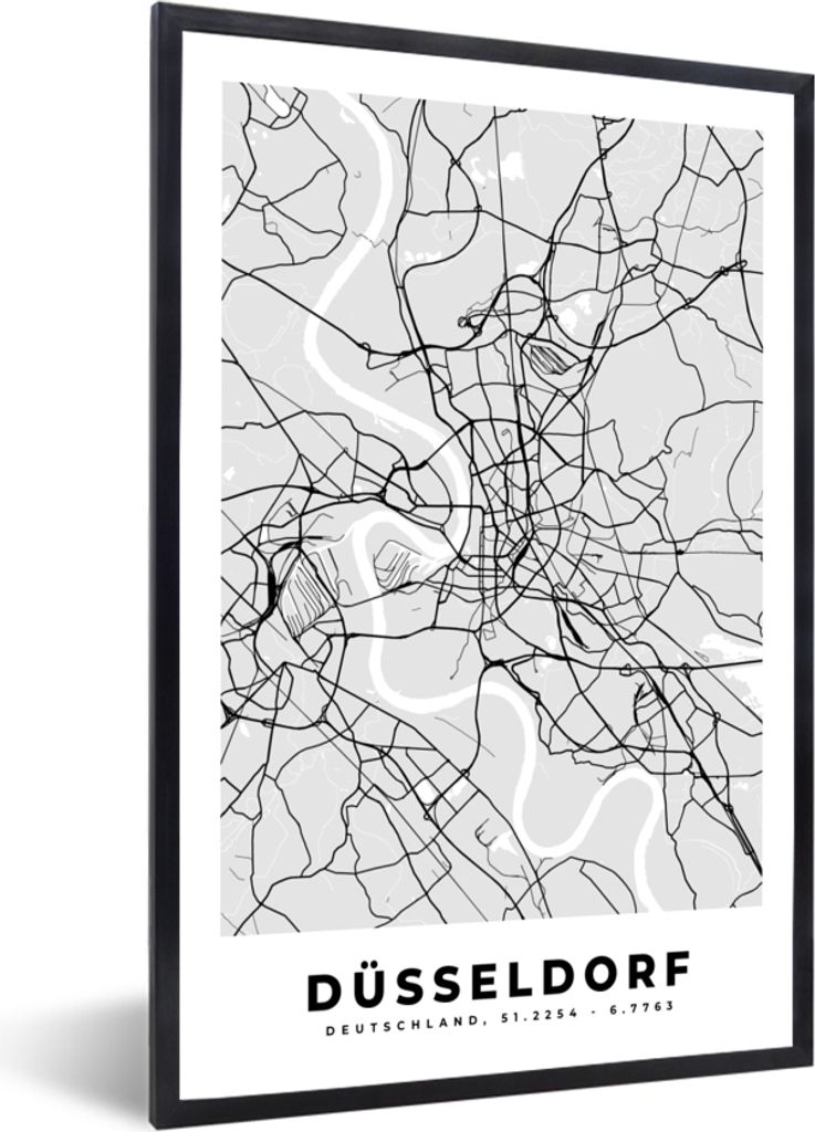 MuchoWow Gerahmtes Poster Deutschland - Stadtplan - Düsseldorf - Karte 20x30 cm - Poster mit Schwarzem Bilderrahmen Wandposter Rahmen Foto Bilde...
