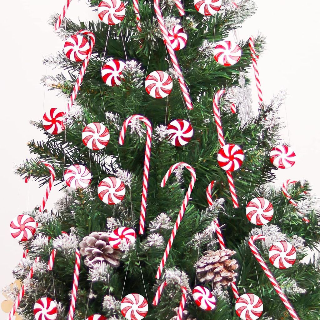60 Stück Zuckerstangen-Christbaumschmuck, Kunststoff-Pfefferminz-Zuckerstangen-Ornamente für Weihnachtsbaum-Dekoration, Süßigkeiten-Lollis, Bas...
