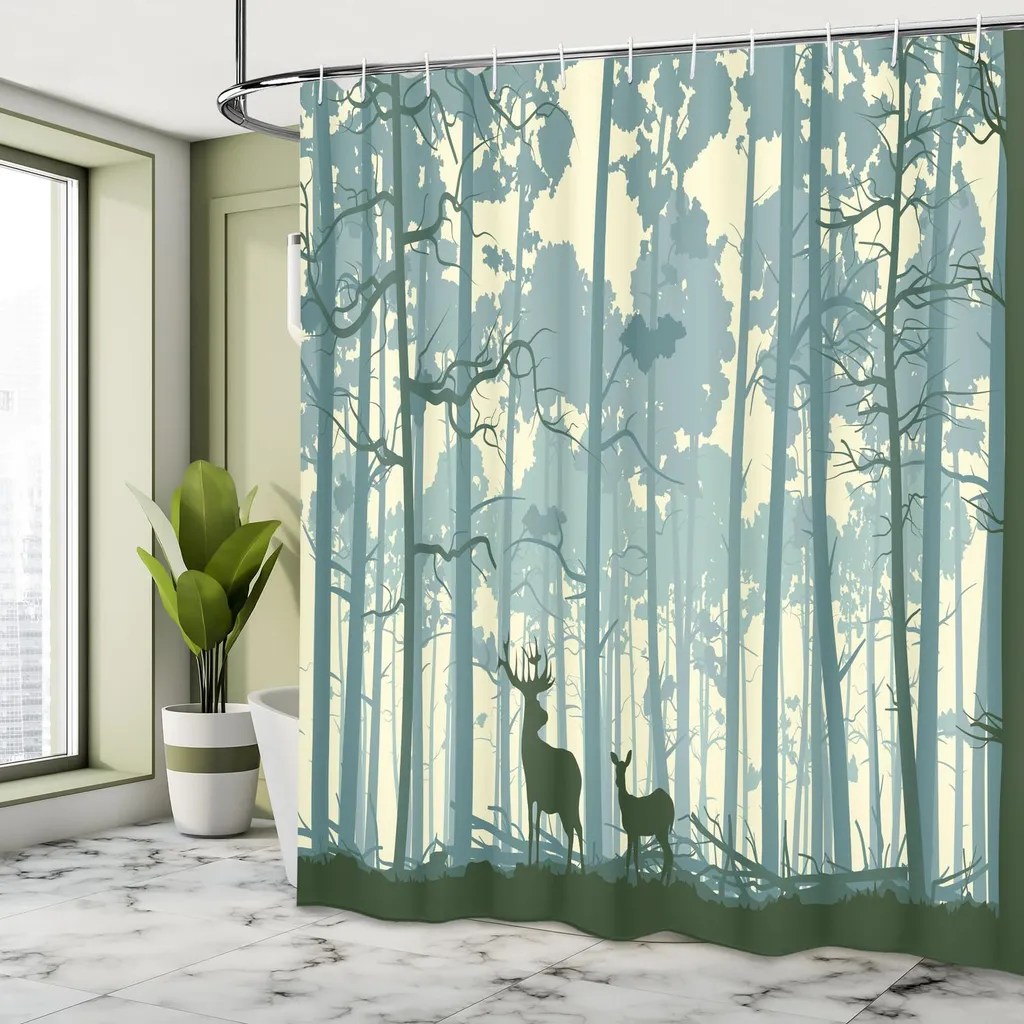Tenda da Doccia 175x200 cm ABAKUHAUS Cervo e Foresta - Tessuto Lavabile - 3