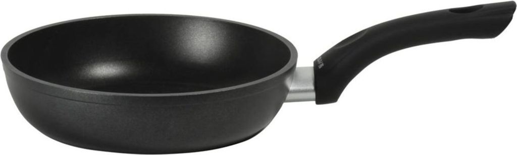 A black frying pan with a black handle is shown against a white background.