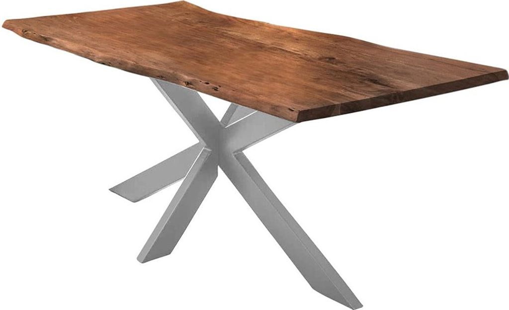 Esstisch 280x100cm Salerno, Akazienholz nussbaumfarben + massiv + lackiert, echte Baumkante, Baumkantentisch, Spider-Metallgestell Silber, Esszimme...