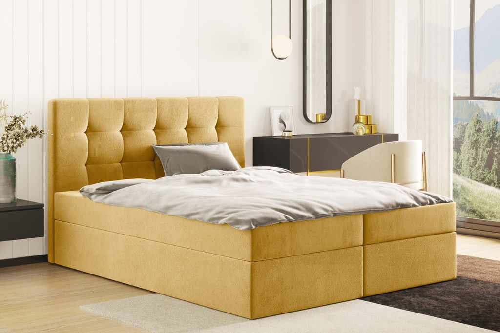 Kaiser Möbel Boxspringbett mit matratze und bettkasten, Schlafbett LUDANO 140 cm x 200 cm stoff Cosmic Gelb H3