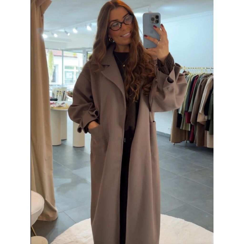 Frauen Mantel Langes "Miriam" Taupe, für Damen Mantel, langer Mantel Herbst & Winter Mantel Locker Winterjacke, Mantel mit Raffungen am Ärmel & T...