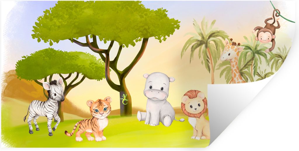 MuchoWow Wandtattoo Wandsticker Wandaufkleber Dschungel - Tiere - Kinder 120x60 cm Selbstklebend und Repositionierbar - Sticker - Dekorfolie