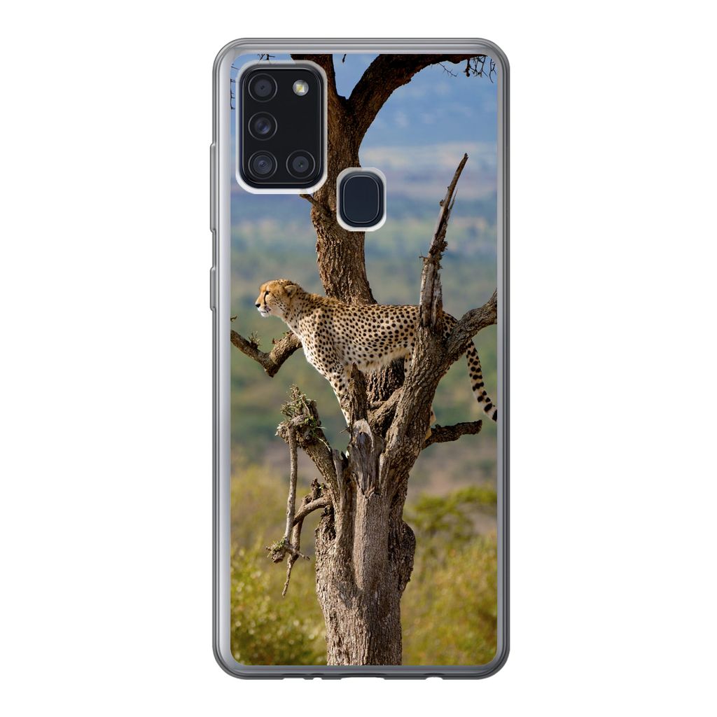 MuchoWow Handyhülle Schutzhülle Hülle für Samsung Galaxy A21s Leopard - Baum - Tier Silikon Softcase Handy Hülle - Hartschale