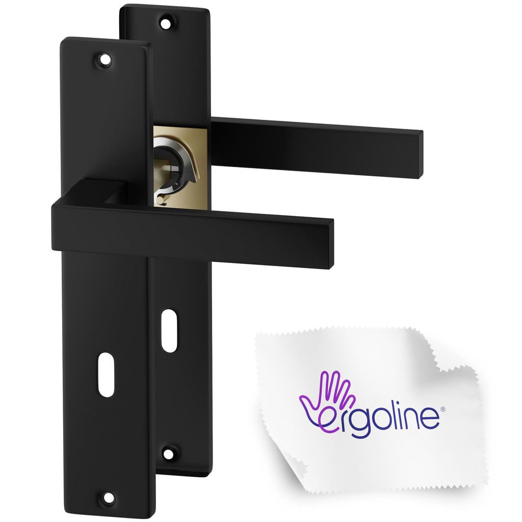 A black door handle set with a gold lock mechanism, shown against a white background. A cleaning cloth with a logo is also present.