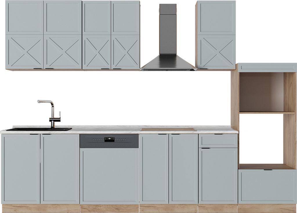 Küchenzeile Vicco Fame-Line Hellblau-grau/Goldkraft Eiche 300 cm mit Hochschrank, AP Marmor, Model 51188