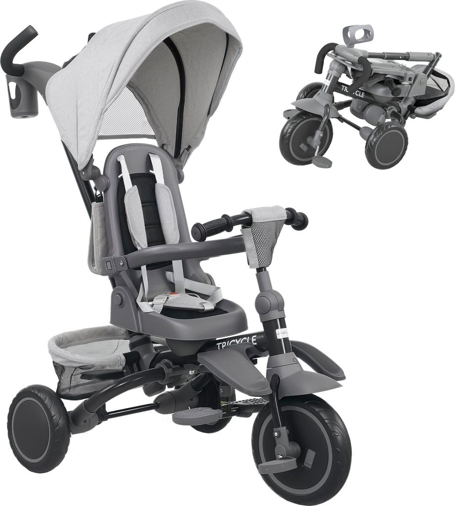 AIYAPLAY Dreirad 6in1 mit Schubstange für 1-5 Jahre Faltbar Kinderdreirad mit drehbarem Sitz, Korb, Tasche, Getränkehalter, klappbar Sonnendach, ...