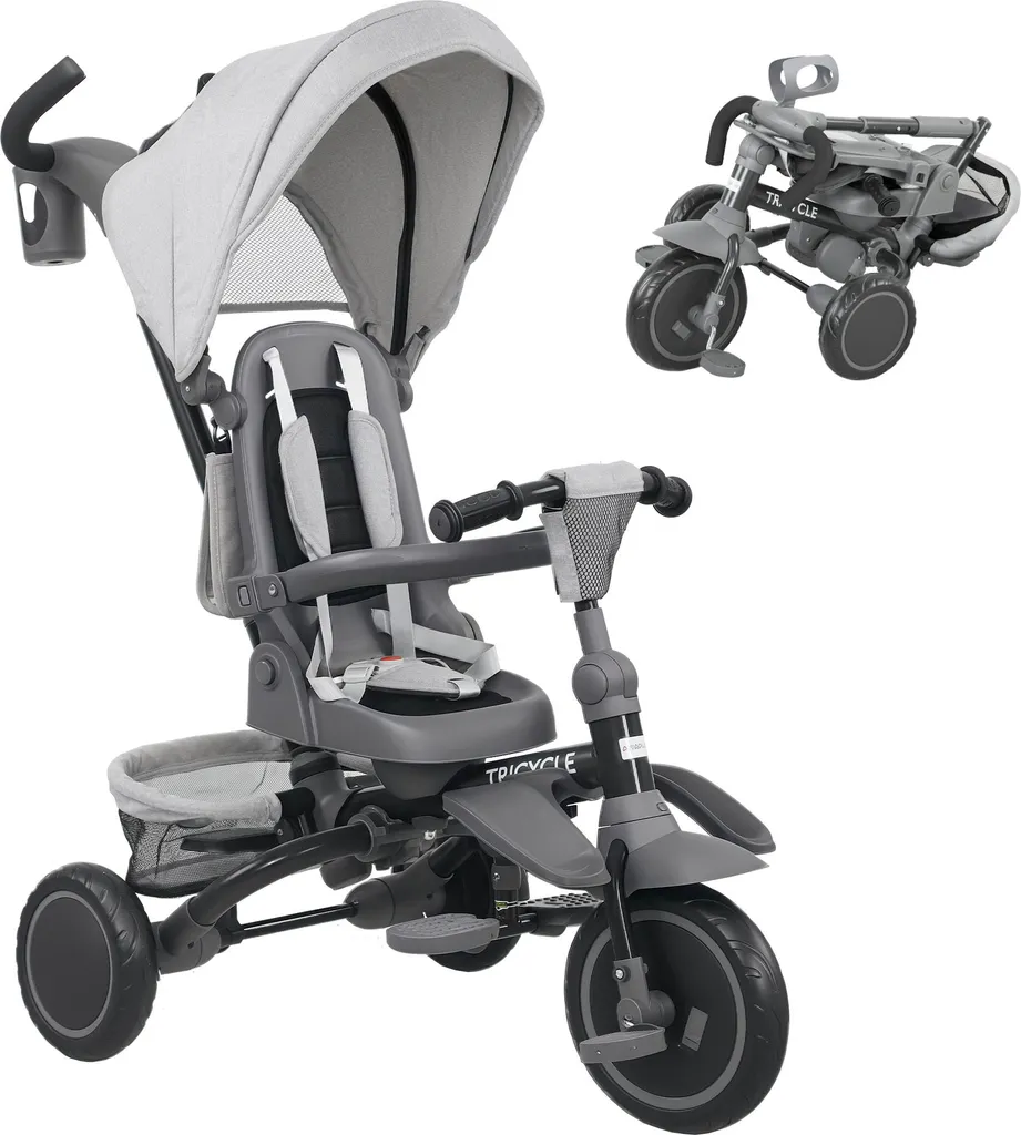 Tricycle Enfant Pliable avec Canne Parentale et Siège Réversible 360° Gris