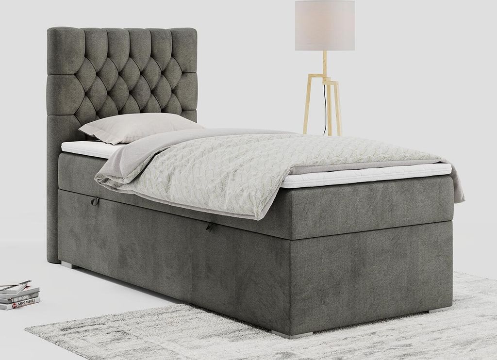 Einzelbett - Boxspringbett 90x200 mit Bettkasten und Matratzentopper - PERA 90 - links - Dunkelgrau - H3