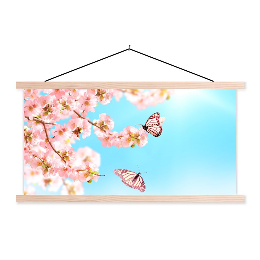 MuchoWow Textilposter Schmetterlinge - Baum - Blumen 120x60 cm mit holzfarbenen Rahmen - Klemmleiste