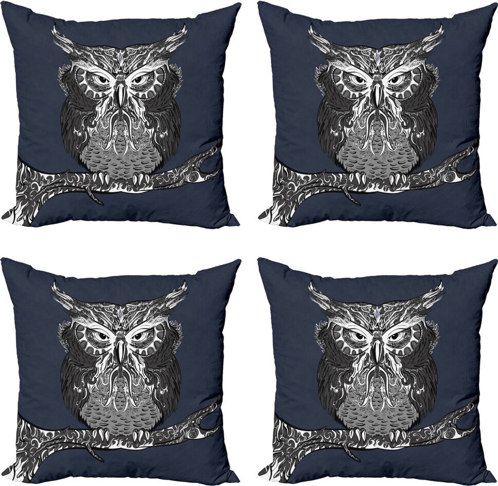 ABAKUHAUS Indie Kissenbezug Set (4 Stück), Owl Vintage-Ornamente, Moderner Doppelseitiger Digitaldruck, 45 cm x 45 cm, Charcoal Grey Dark Blue
