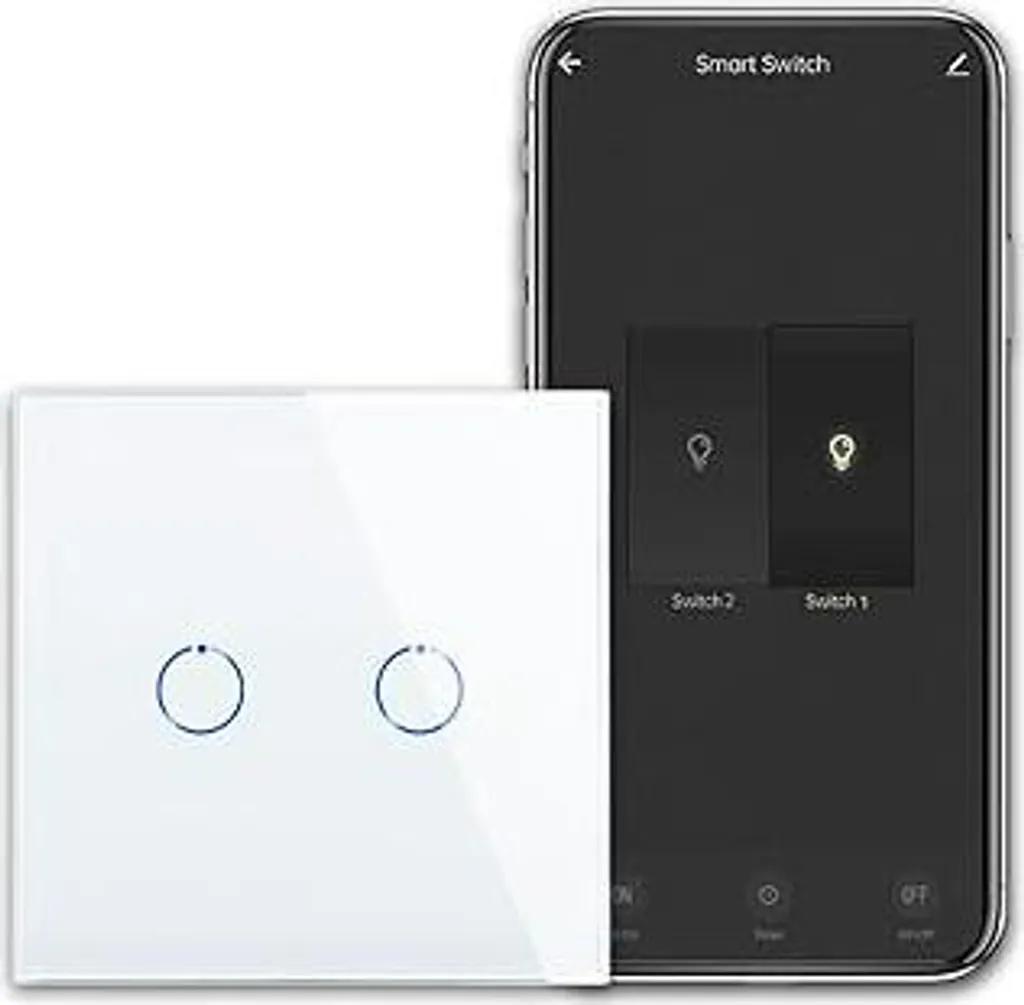 Interruttore luminoso CNBINGO Smart Touch Compatibile con Alexa, Google Assistant - Interruttore WiFi da incasso - con pannello in vetro - Interruttore a parete doppio in bianco - È necessario un conduttore neutro - 600 W/comparto