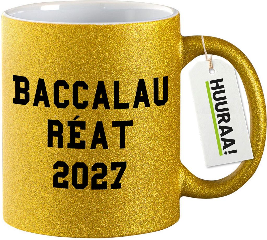 Huuraa Glitzertasse Baccalauréat 2027 Abschluss Frankreich 330ml Gold Keramik Kaffeebecher Geschenkidee