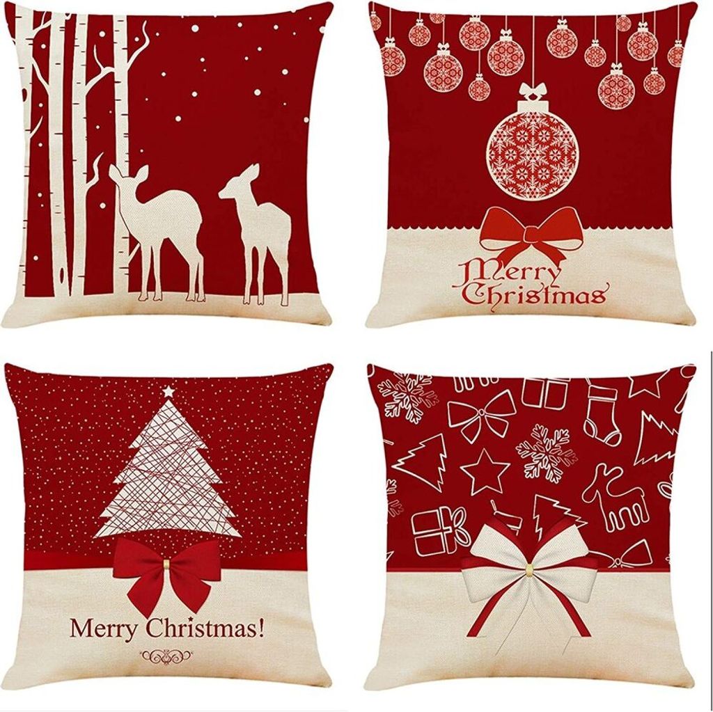 Kissenbezug 45x45 Weihnachten Kissenbezüge Weihnachten 4er Set Baumwolle Leinen Kissenbezüge Dekokissenbezug für Sofa Büro Hirsch Weihnachtsmus...