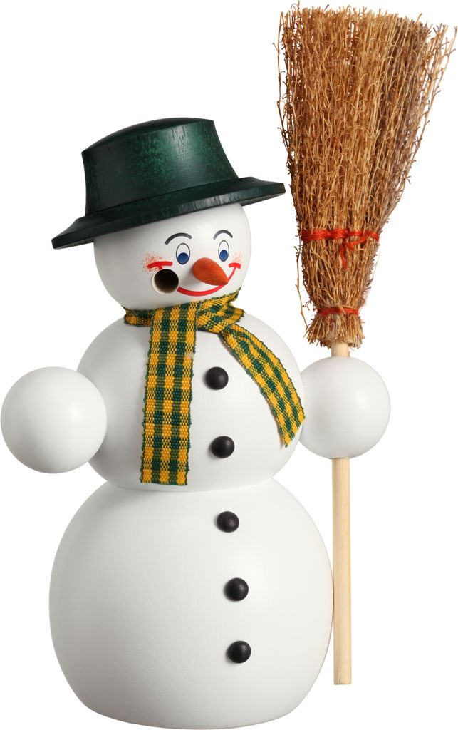 Seiffener Volkskunst Räuchermännchen Schneemann mit Besen - Größe ca. 16cm, für Räucherkerzen Größe M (Standard) - 12214