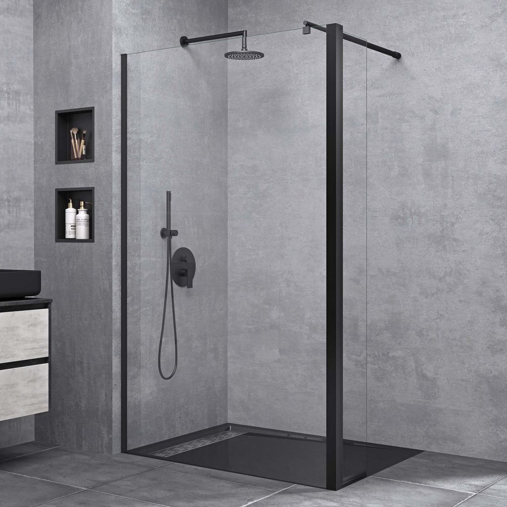 doporro Duschwand 60x200cm Walk-In mit 30cm Nebenteil, 8mm Duschabtrennung Bremen schwarz mit Stabilisator, aus Echtglas ESG-Sicherheitsglas Klarglas