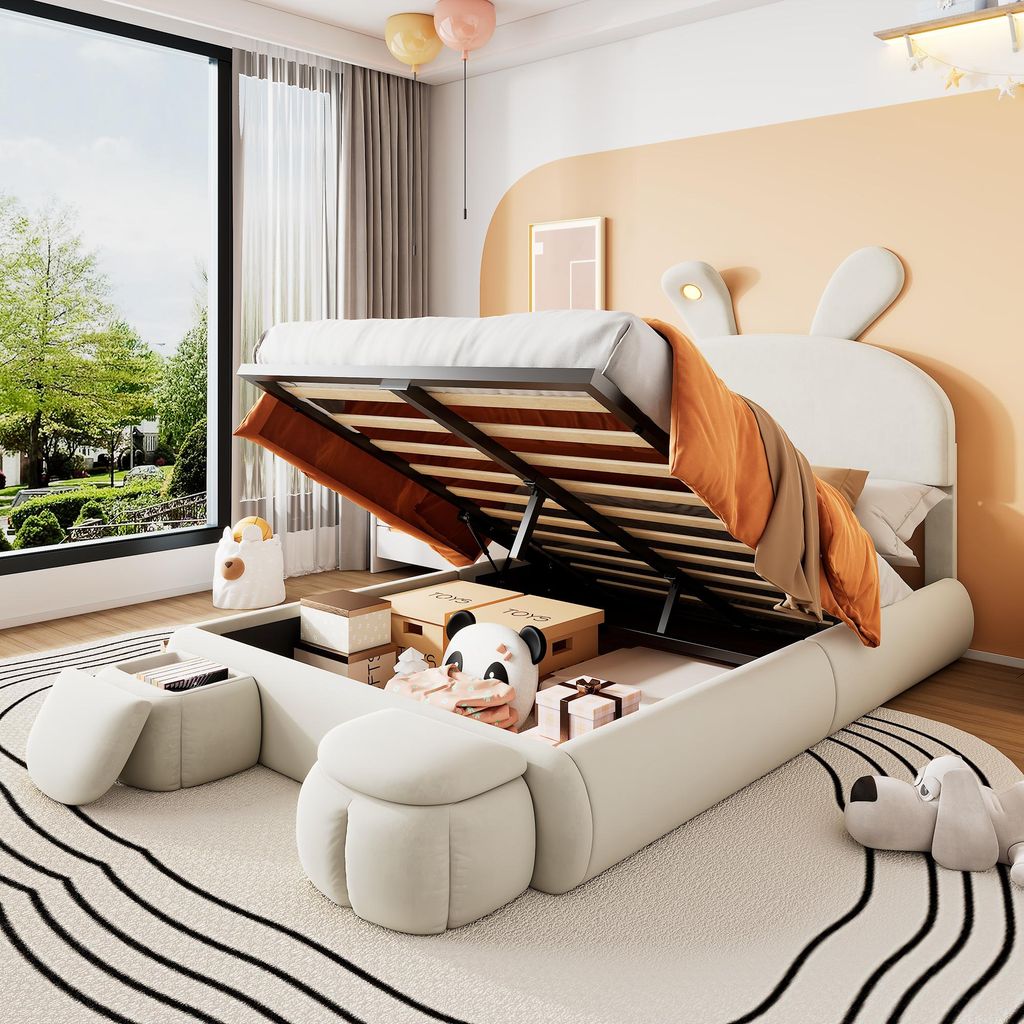 A child's bedroom with a unique bed featuring storage and a playful design.