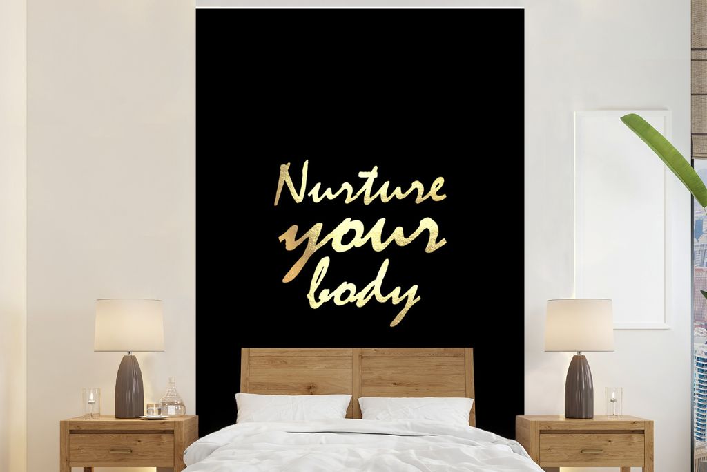 MuchoWow Fototapete für Wohnzimmer oder Schlafzimmer Wandtapete Vinyl Motivtapete Zitate - Gesund - Gold - 200x300 cm - Wanddekorationen
