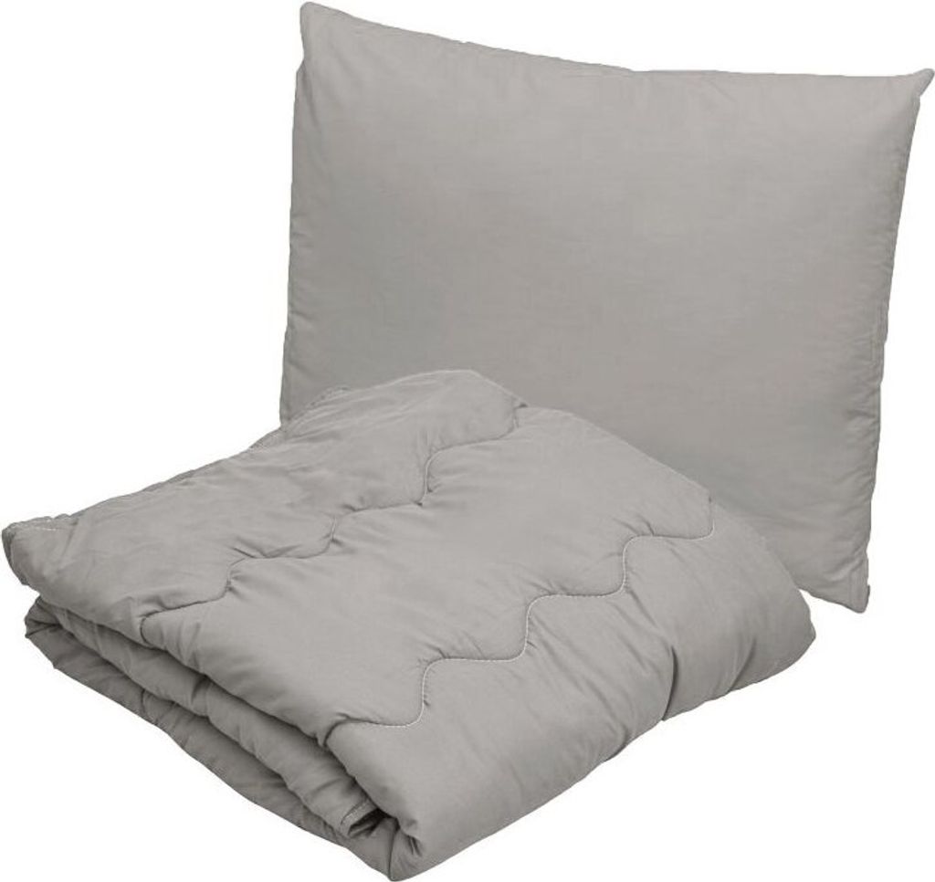 A gray pillow and a folded gray comforter are shown against a white background.