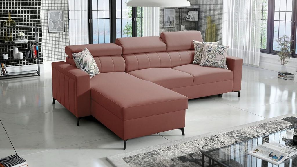 Ecksofa Beth I Mini mit Schlaffunktion und Stauraum für Bettzeug für das Moderne Wohnzimmer