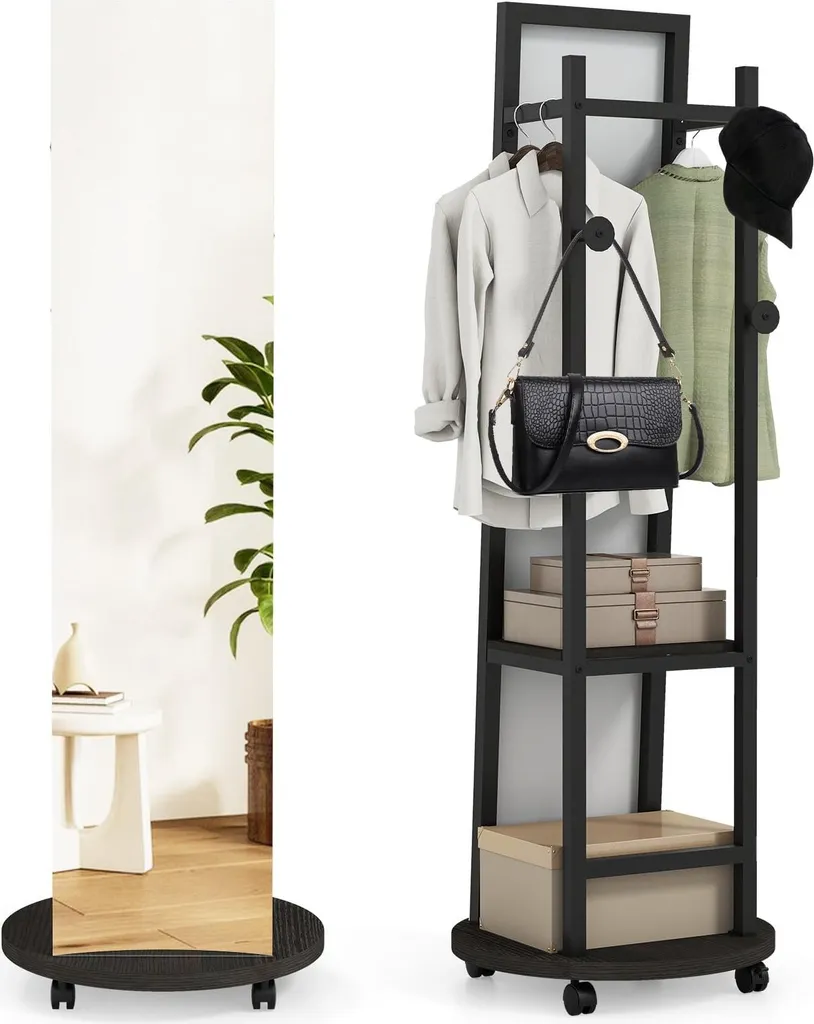 Miroir mobile avec crochets et 3 étagères de stockage - Finition Noir