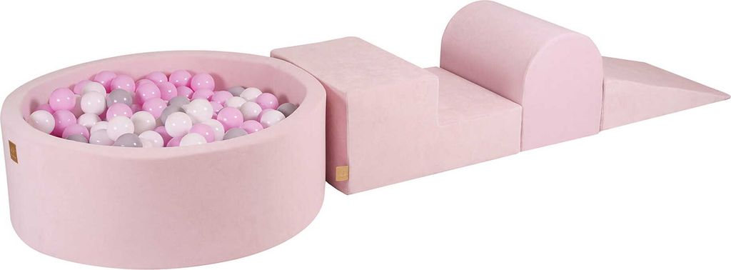 MeowBaby Spielplatz aus Schaumstoff 3-Element Schaumspielset mit Runde Bällebad, 200 Bälle, Samt, Puderrosa: Weiss/Grau/Pastellrosa