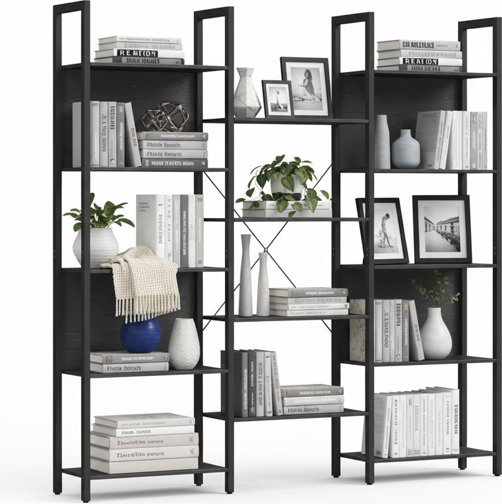 Libreria Relaxdays, 14 ripiani, effetto legno e metallo, Immagine del prodotto 