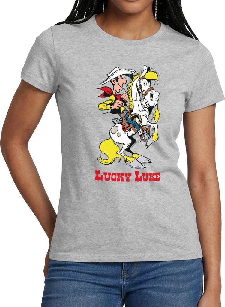 Spreadshirt Lucky Luke mit Pferd Jolly Jumper Frauen T-Shirt, L, Grau meliert