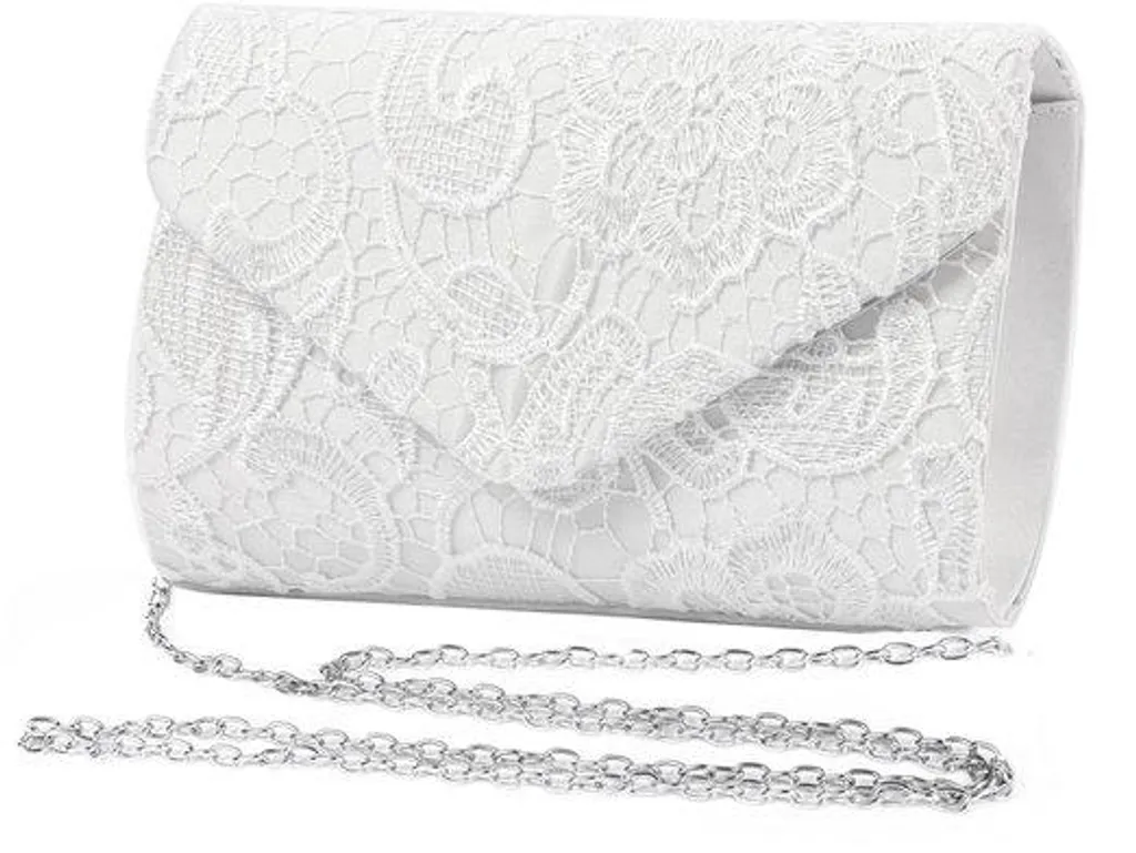 Sac pochette en satin blanc pour cérémonie et mariage avec bride bijoux