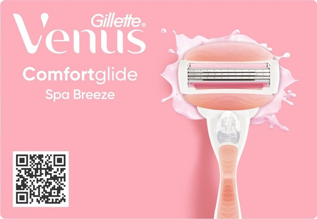 A pink background with a Gillette Venus ComfortGlide Spa Breeze razor and text.