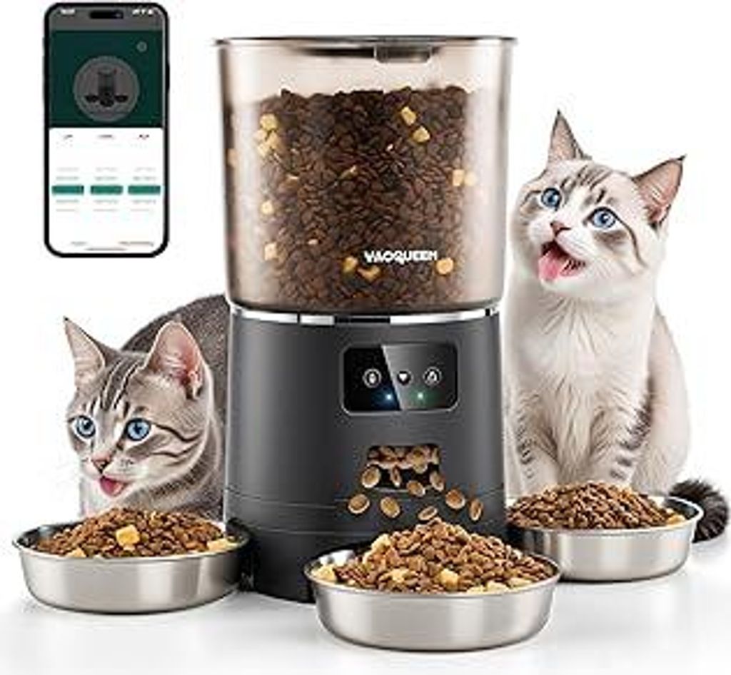 Futterautomat Katze mit APP und Timer, 6 L / 25 Tassen Katzenfutter Automat 3 Näpfe, 3 Trockenmittel Packungen, Anti-Verstopfungssystem, 2.4G WiFi...