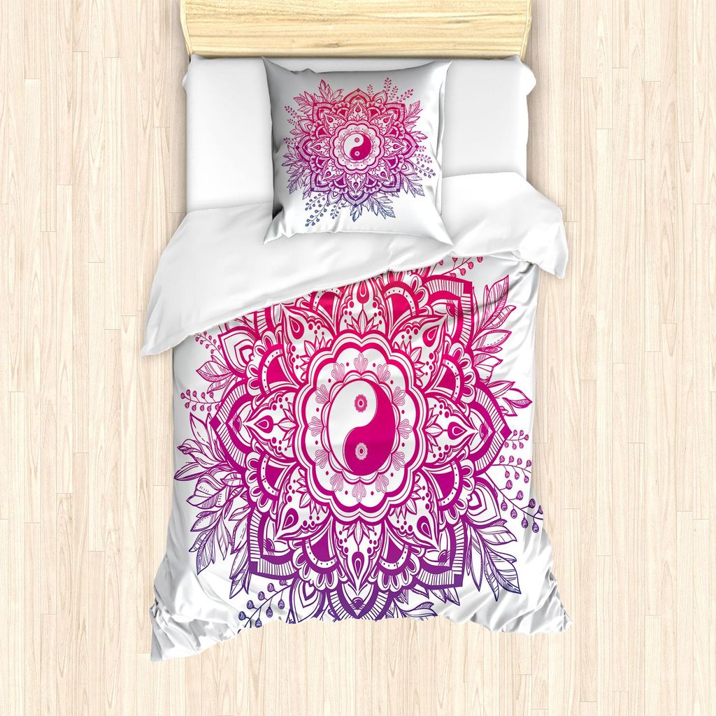 ABAKUHAUS Mandala Bettbezug Set, Yin und Yang Heilige Lotus Mystic Zen Themen Chinesische Krone der Blätter Motiv, 135 x 200 cm + 80 x 80 cm, Viol...