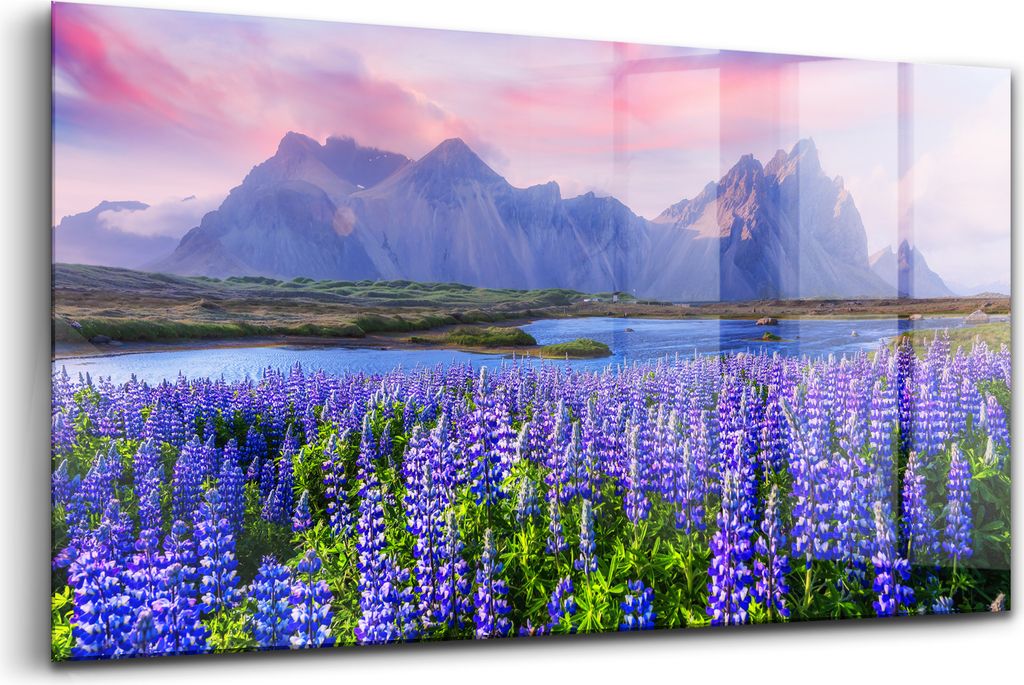 120x60 - Wandmalerei auf Glas- Wanddekoration aus Glas - Lavendelblüten Bergblick Island