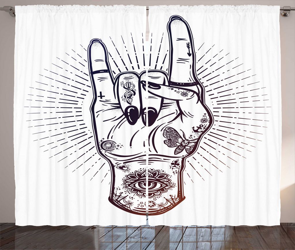 ABAKUHAUS Rock'n'Roll Rustikaler Vorhang, Tätowierten Hand heben, Wohnzimmer Universalband Gardinen mit Schlaufen und Haken, 280 x 225 cm, Rotbrau...