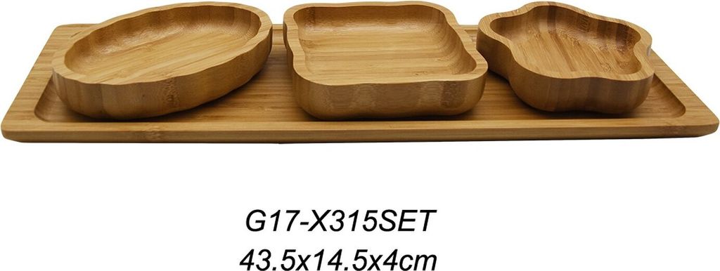 Schäfer Bambus Bambusbrett 43,5 x 14,5 x 4 cm Snackschalen 4er Set St.Trapez Servier-Schale für Snacks, Dipps, Nüsse