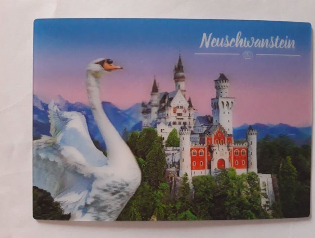 3 D Ansichtskarte Schloß Neuschwanstein mit Schwan, Postkarte Wackelkarte Hologrammkarte, Bayern