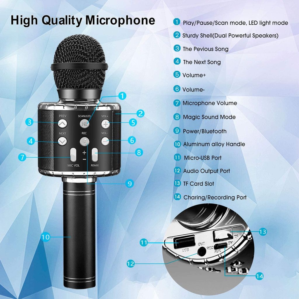 Bluetooth Karaoke Mikrofon Tragbares Handmikrofon für Kinder und Erwachsene 
