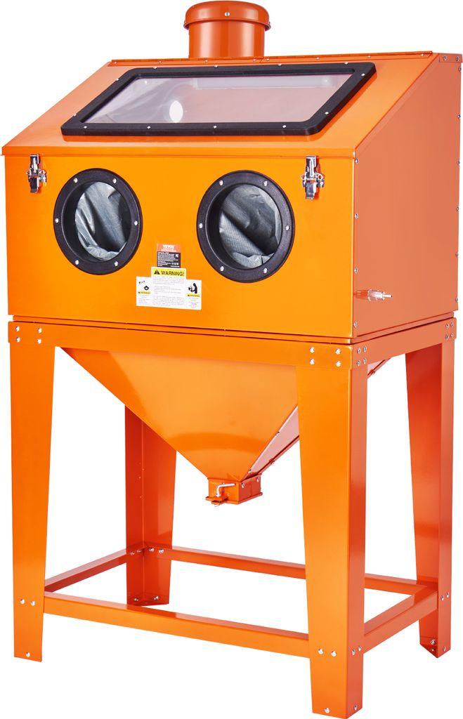 An orange sandblasting cabinet with a stand is shown against a white background.