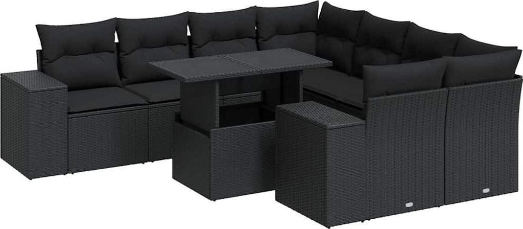 vidaXL 9-tlg. Garten-Sofagarnitur mit Kissen Schwarz Poly Rattan