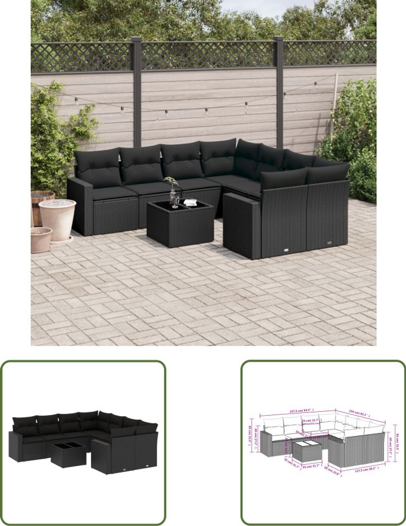 The Living Store 9-tlg. Garten-Sofagarnitur mit Kissen Schwarz Poly Rattan